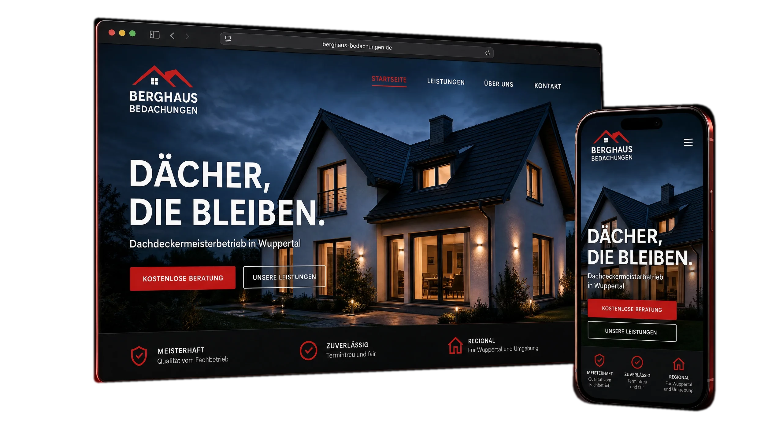 Webdesign-Beispiel von Voxluma — Berghaus-Bedachungen-Demo auf Desktop und Smartphone