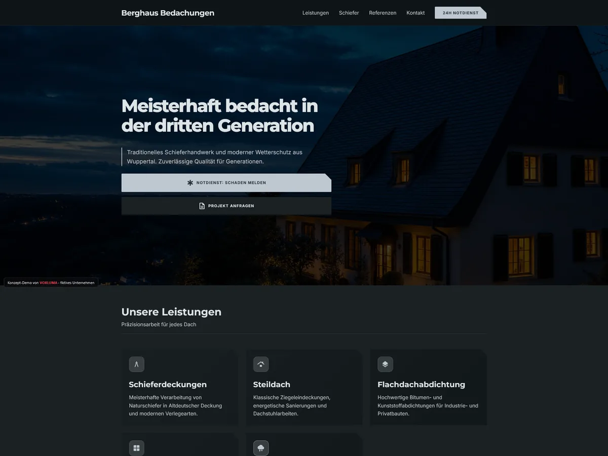 Berghaus Bedachungen — Webdesign-Demo für Dachdeckermeisterbetrieb